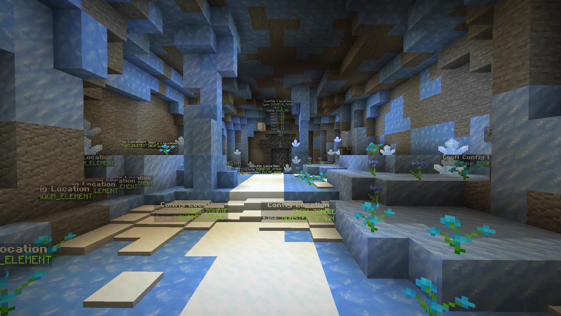 An ice cave with floating texts on the ground and in the air that contain configuration values.