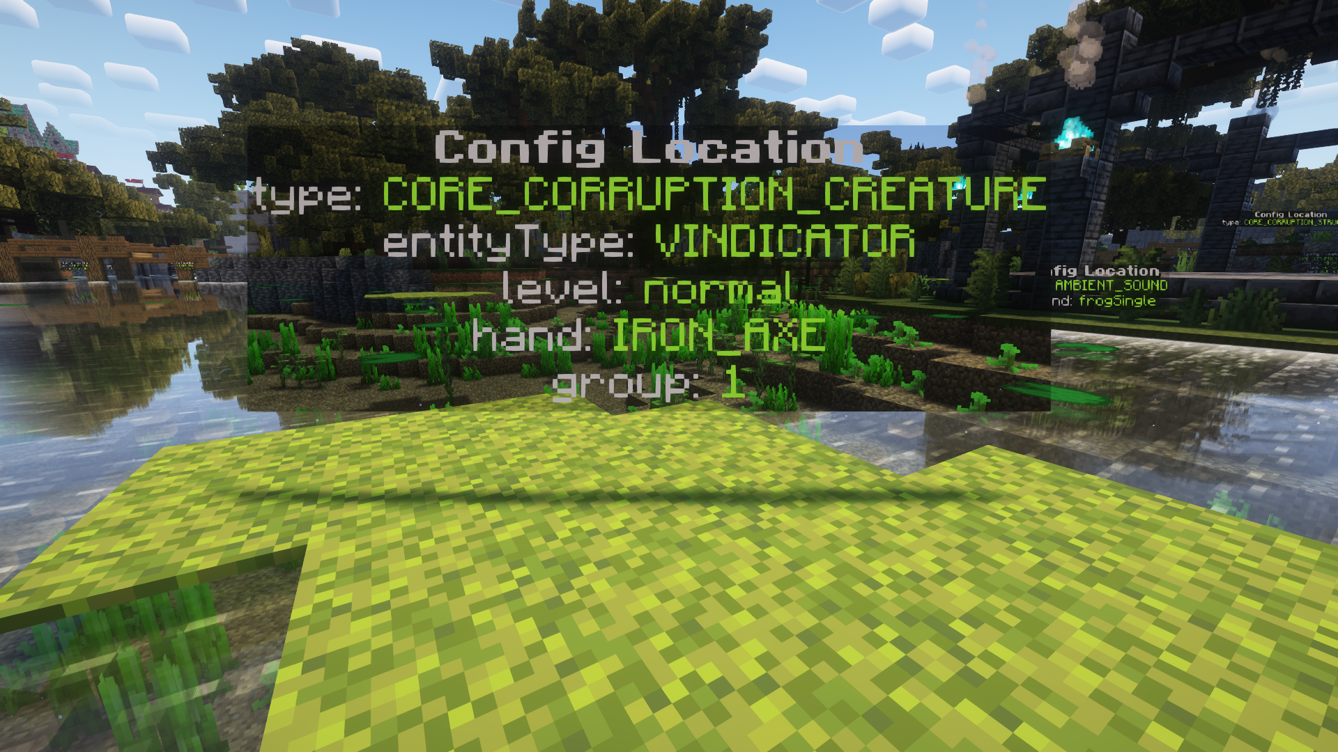 A floating text, that specifies the spawn position of a monster, on a giant lilypad.