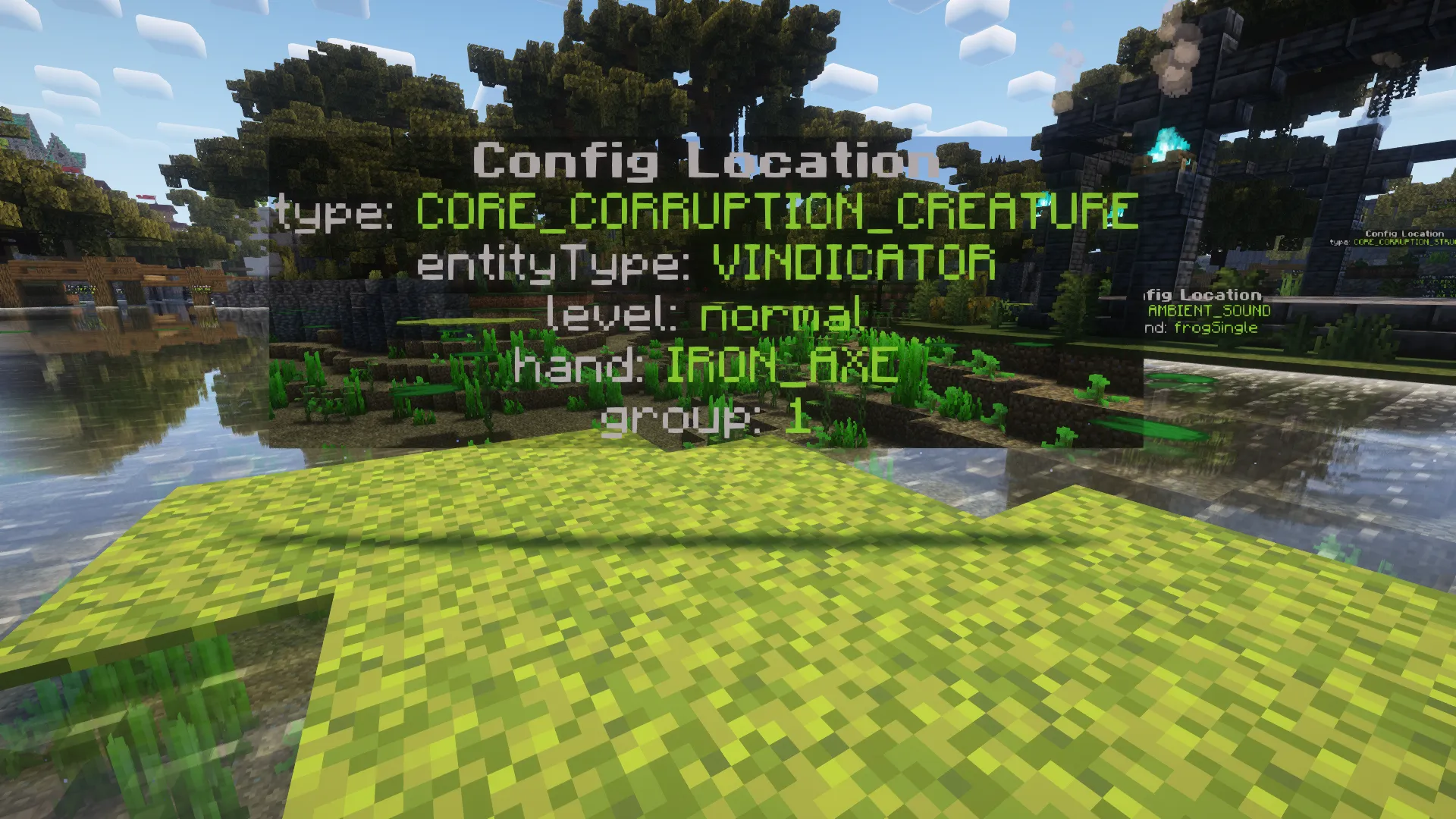 A floating text, that specifies the spawn position of a monster, on a giant lilypad.