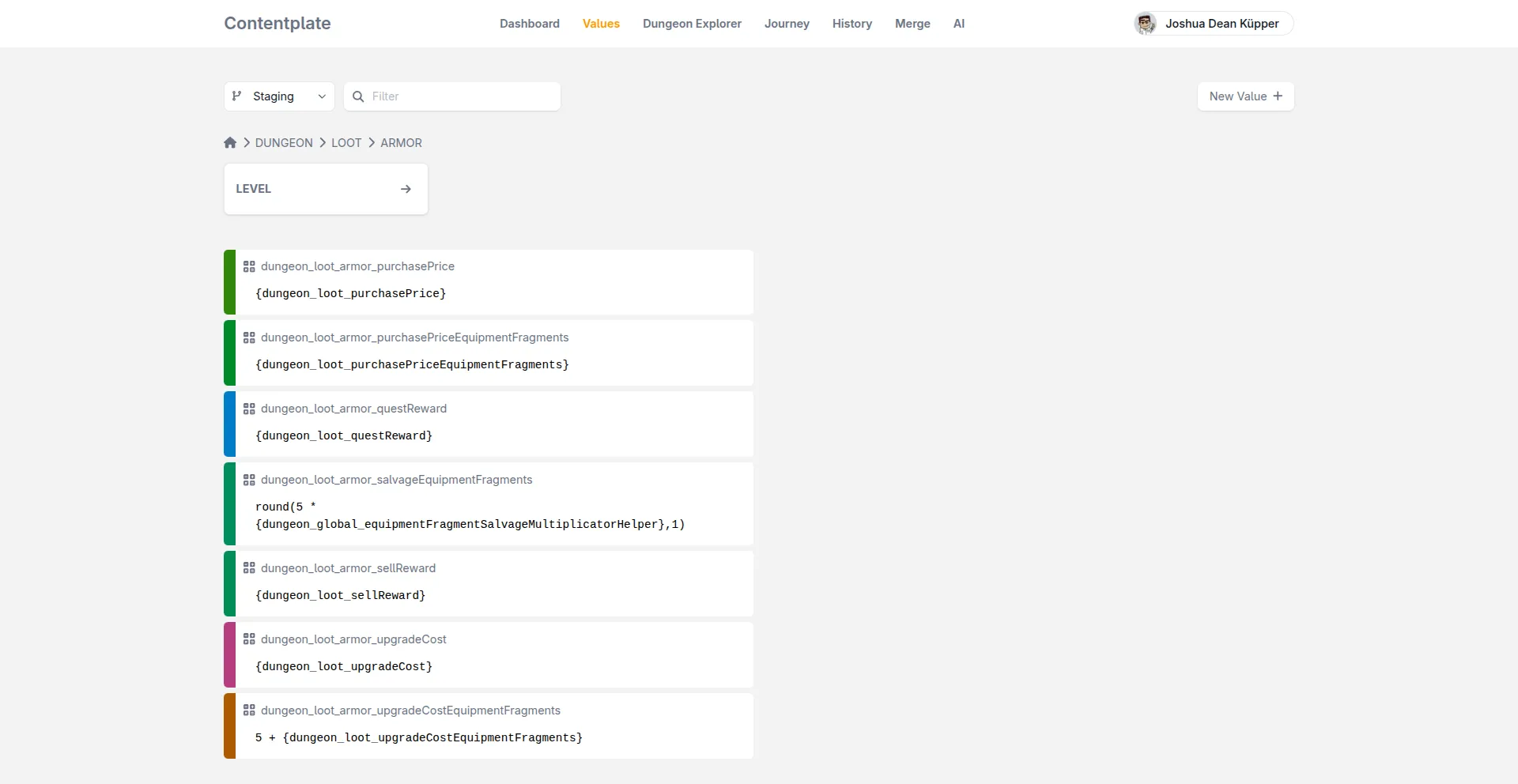 The Contentplate value browser with a folder tree built from underscore-delimited keys.