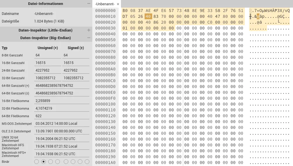 A hex editor with some set bytes that represent the content of a MapData packet in the Minecraft protocol.