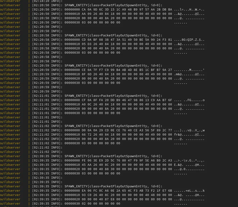 An output from a console that shows many incoming entity spawn packets with their bytes in hex notation.