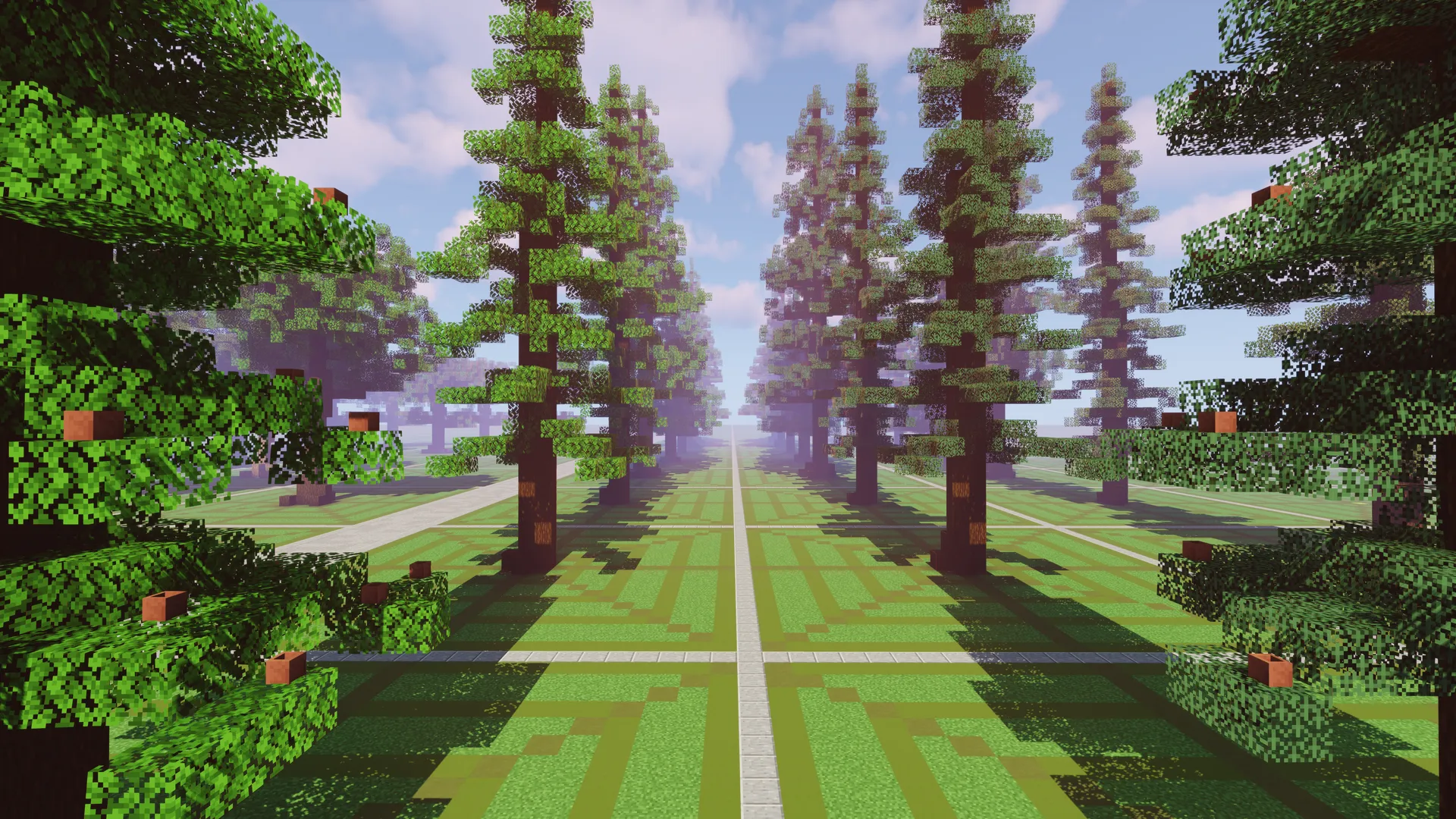 Lots of artificially placed big Minecraft pines and oaks on flat ground.