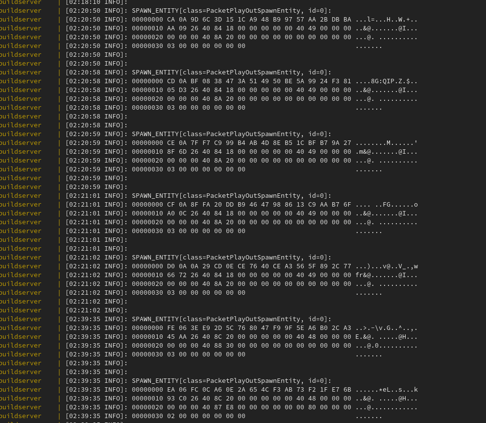An output from a console that shows many incoming entity spawn packets with their bytes in hex notation.