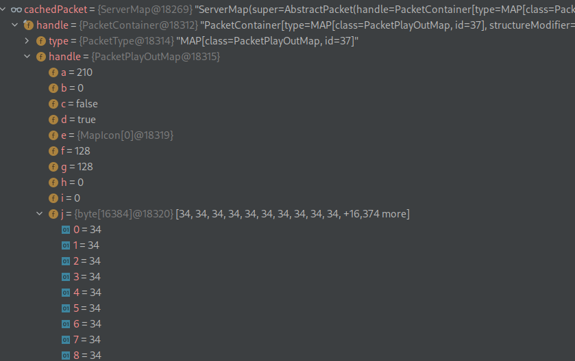 A listing of various internal properties of the Minecraft map data packet. The property keys and values are visible and highlight the various states that can be represented.