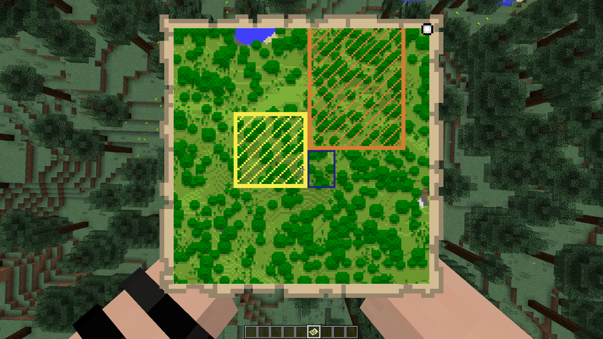 Two Minecraft hands holding a default Minecraft map with various colored zones that mark different areas on the map.