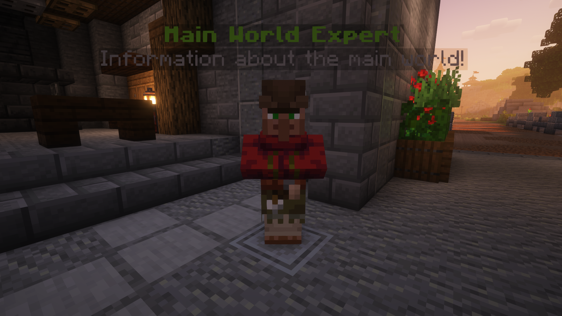 A Minecraft villager that is called "Main World Expert" and is at the position of the ConfigPosition.