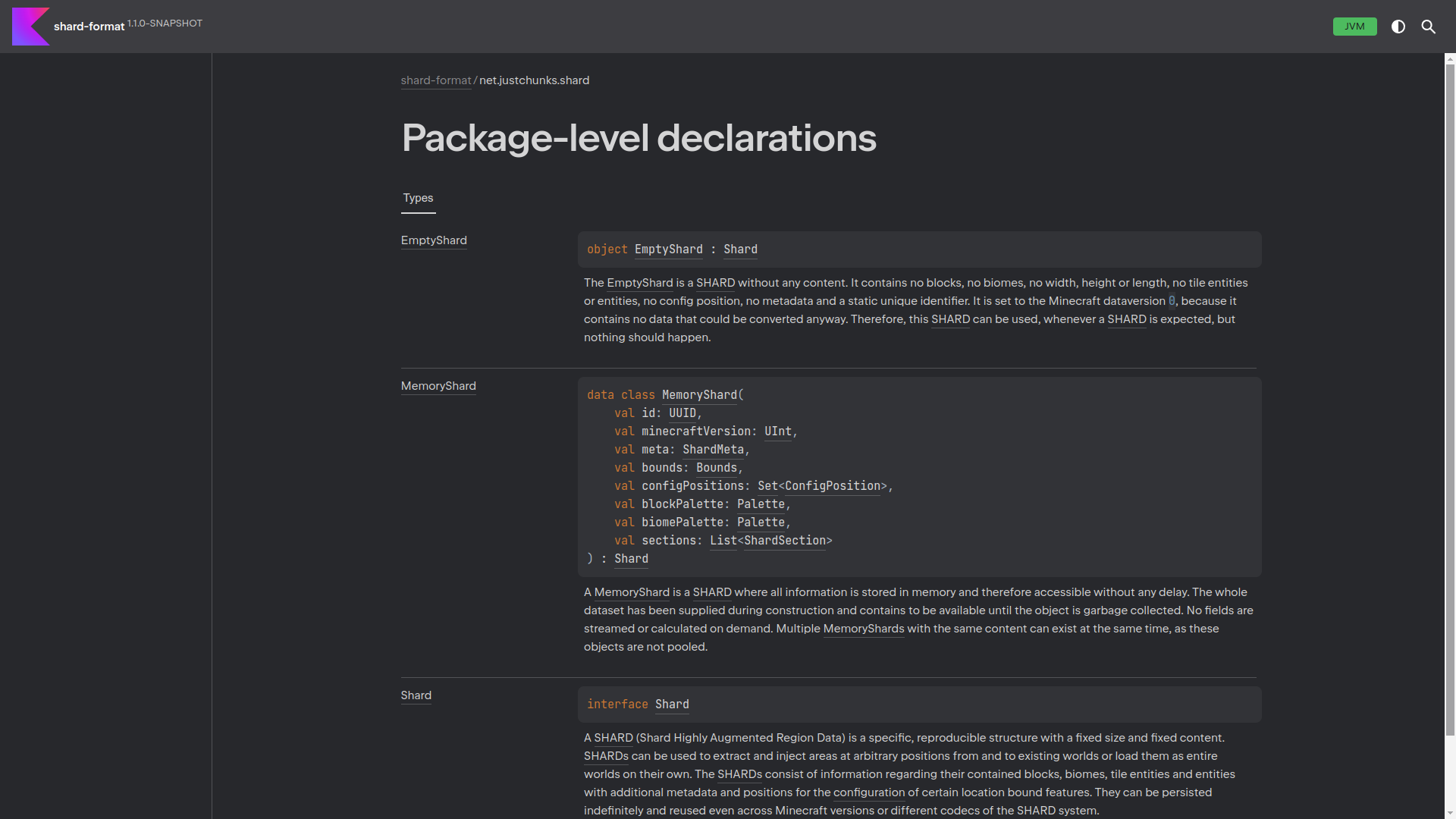 A web-interface that contains programming documentation on EmptyShard, MemoryShard and the Shard interface.