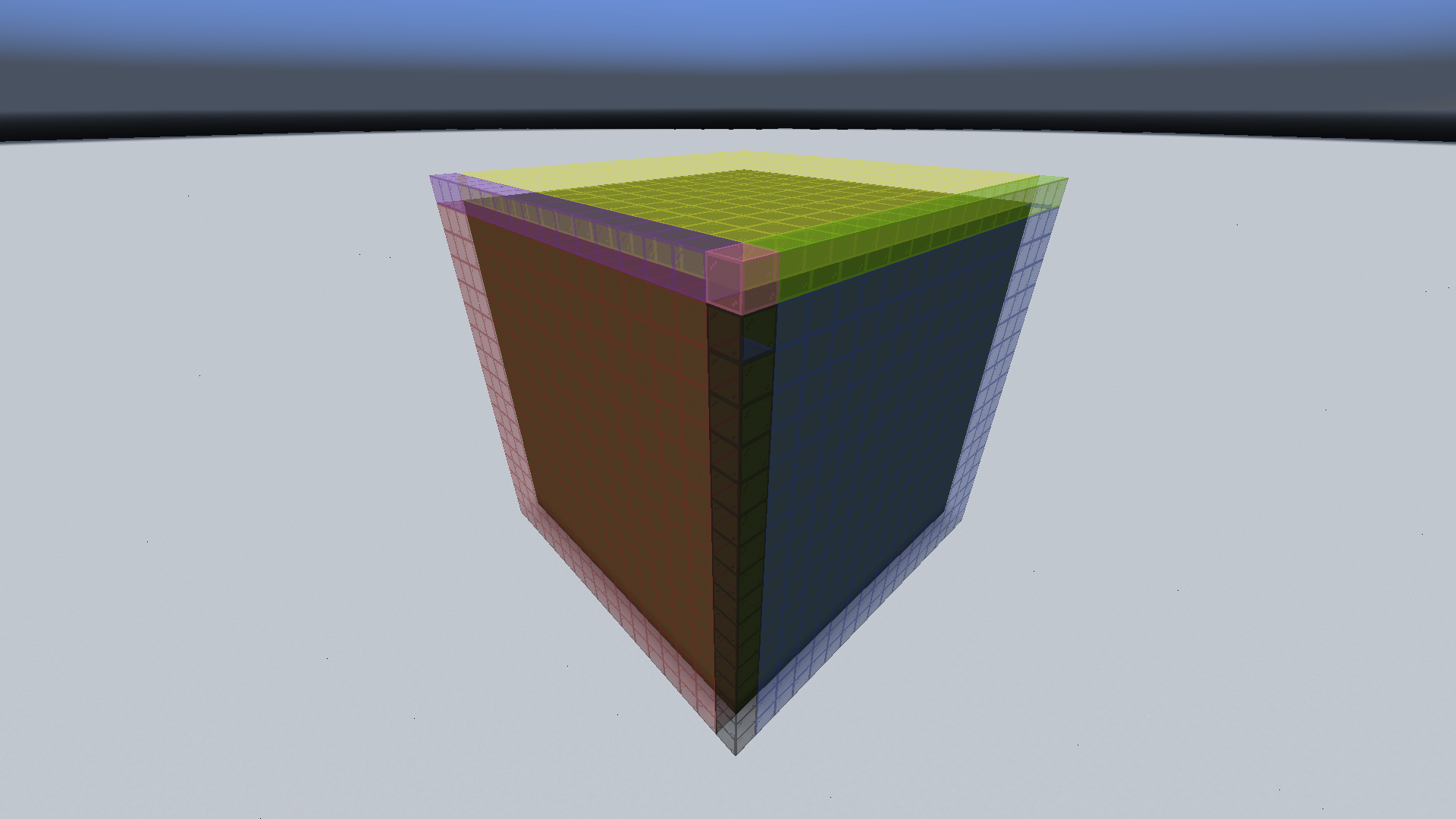 A Minecraft Screenshot of a huge cube (17 cubic blocks big), with different colors for each section).