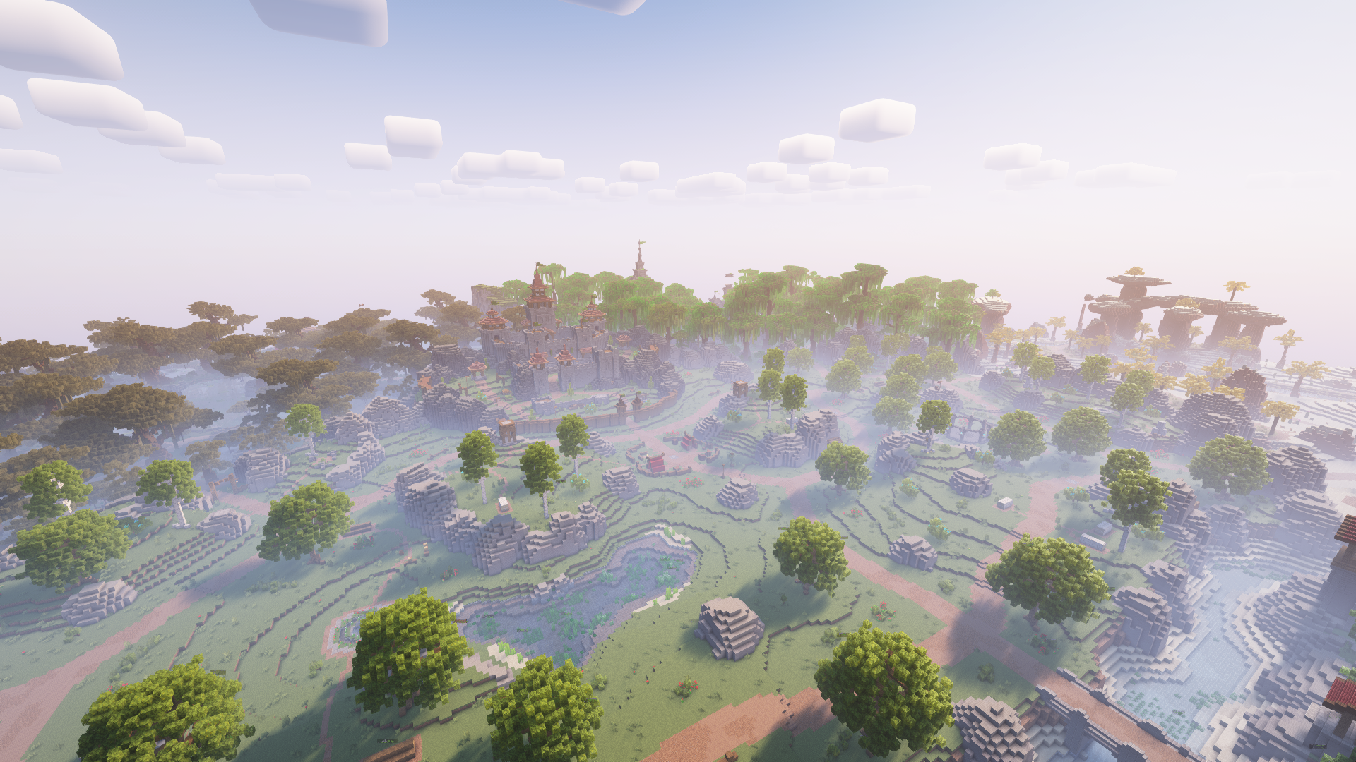 An overview from high altitude that shows some landmarks in the Clashlands main world.