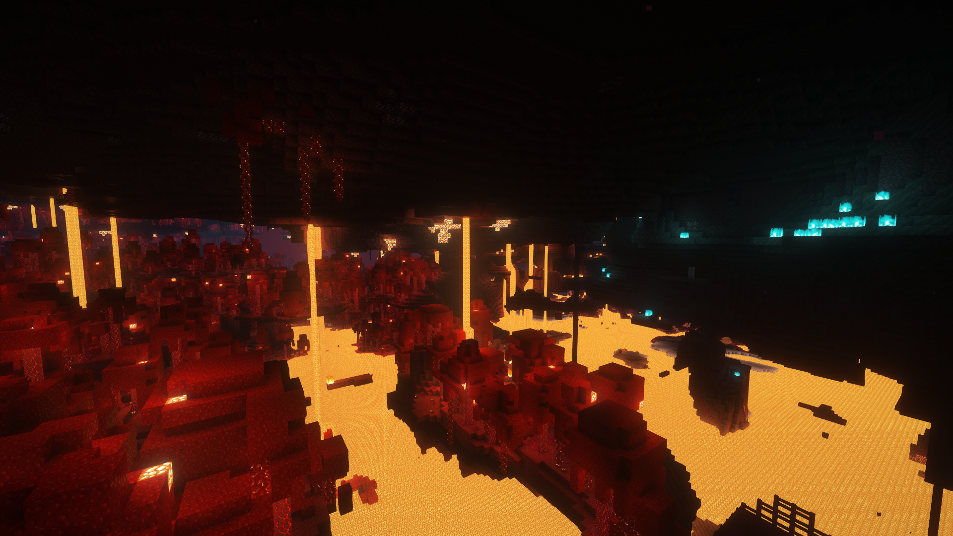 A Minecraft nether with lots of lava and blue flames on the top right.